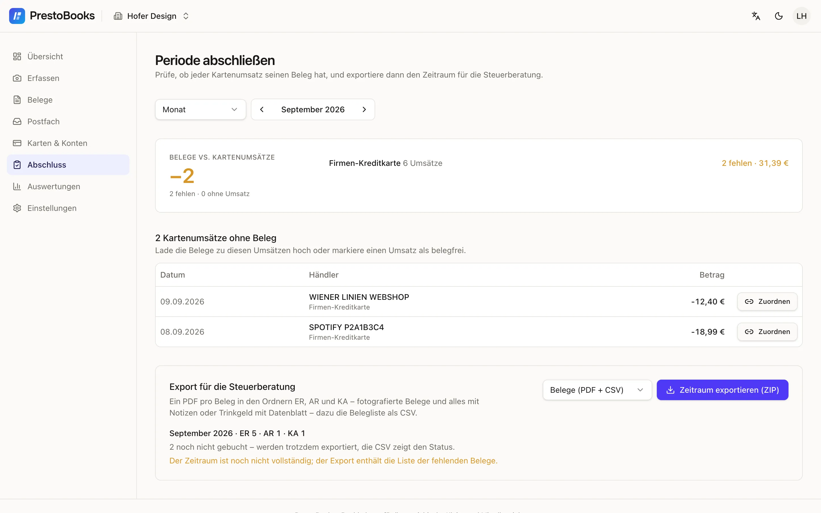 Closing a period: two card charges without a receipt, the export for the accountant