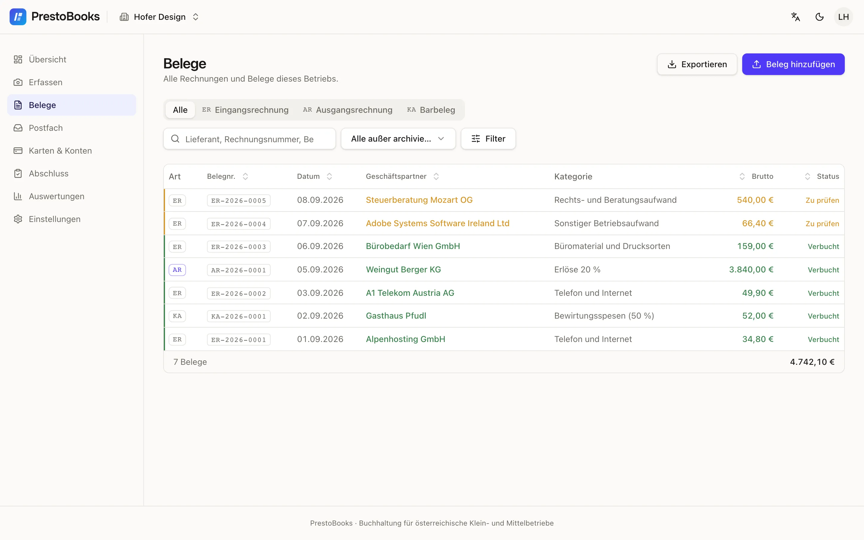 The receipt list with filters, sorting and totals
