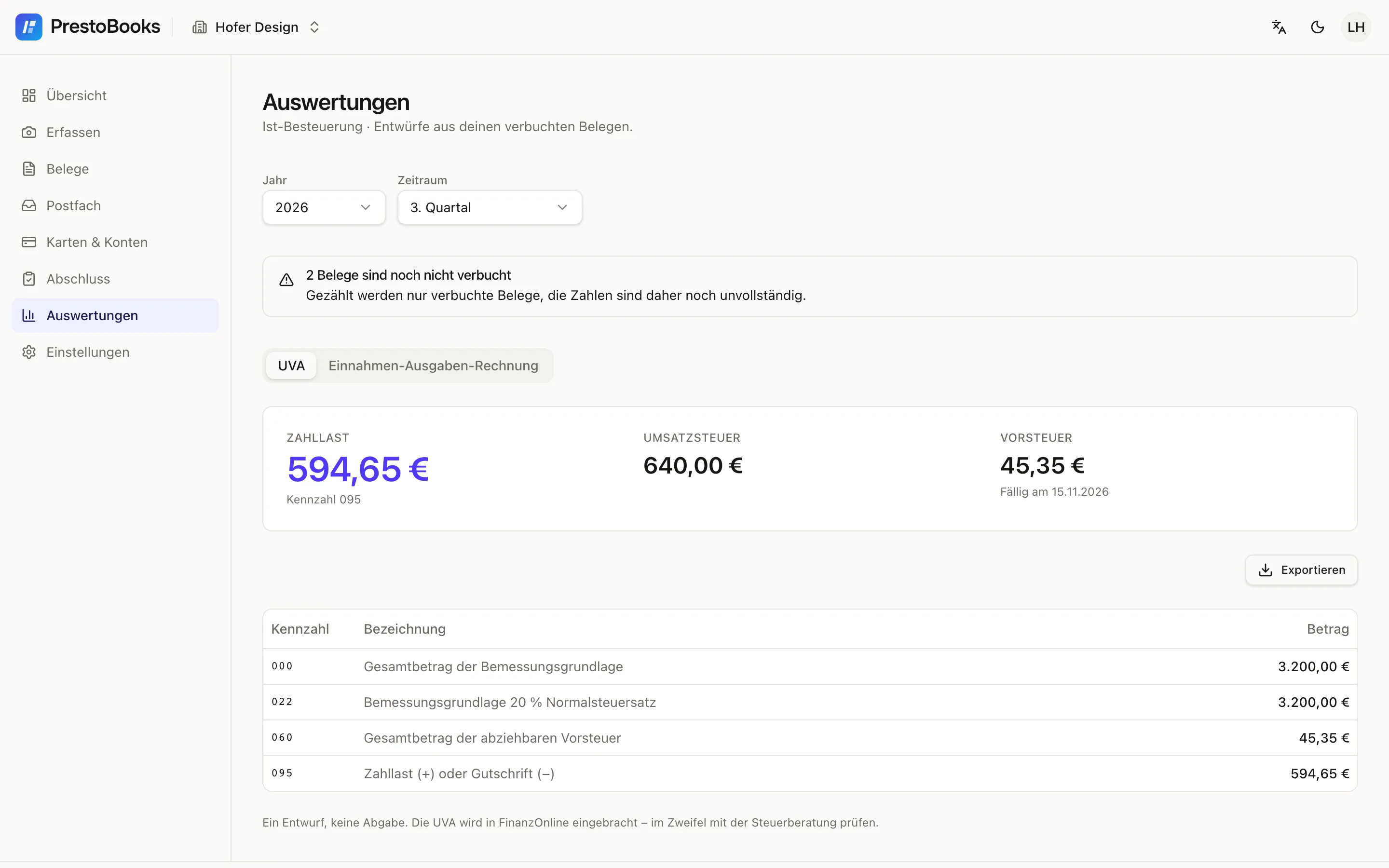 VAT return draft for Q3: €594.65 payable, Kennzahlen 000, 022, 060 and 095